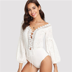 SHEIN Lace Trim Plunge Neck Eyelet Embroidered Bodysuit 2018 Summer Bishop Sleeve Deep V Neck Romper Women White Sexy Bodysuit