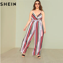 SHEIN Two Piece Set Summer Women Surplice Neck Print Top & Pants 2018 Striped Cami Top & Culotte Pants Set Plus Size Twopieces