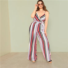 SHEIN Two Piece Set Summer Women Surplice Neck Print Top & Pants 2018 Striped Cami Top & Culotte Pants Set Plus Size Twopieces