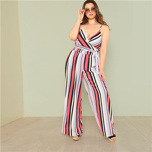 SHEIN Two Piece Set Summer Women Surplice Neck Print Top & Pants 2018 Striped Cami Top & Culotte Pants Set Plus Size Twopieces