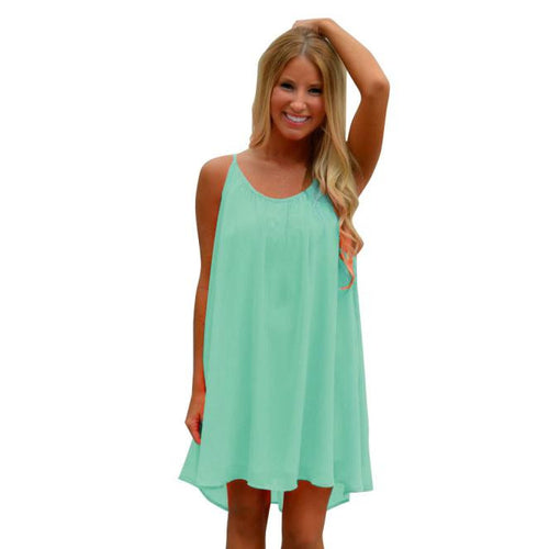 Fashion Women Spaghetti Strap Back Howllow Out Summer Chiffon Beach Short Dress